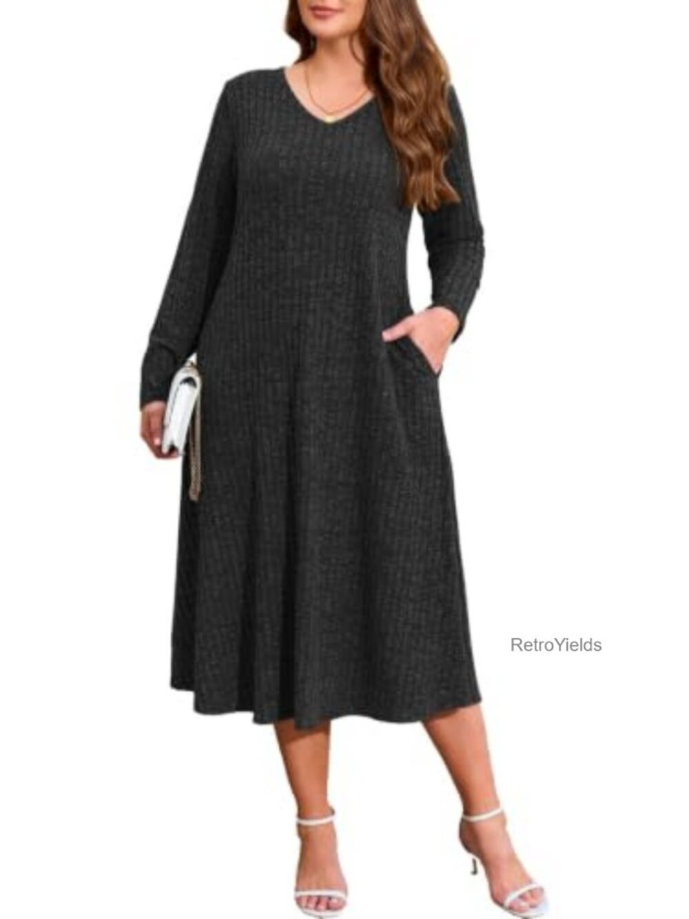 Plus Size V-Neck Long Sleeve Midi Sweater Dress A-Line with Pockets